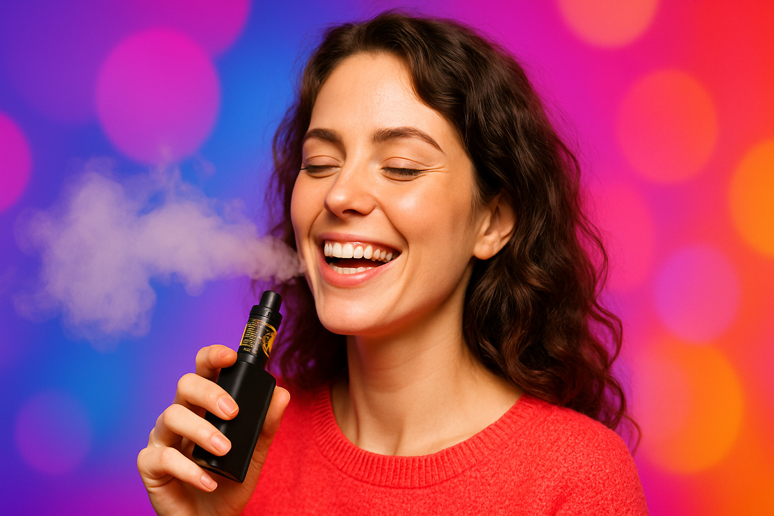 women using e-liquid vape with colorful background and happy face and make it for banner size